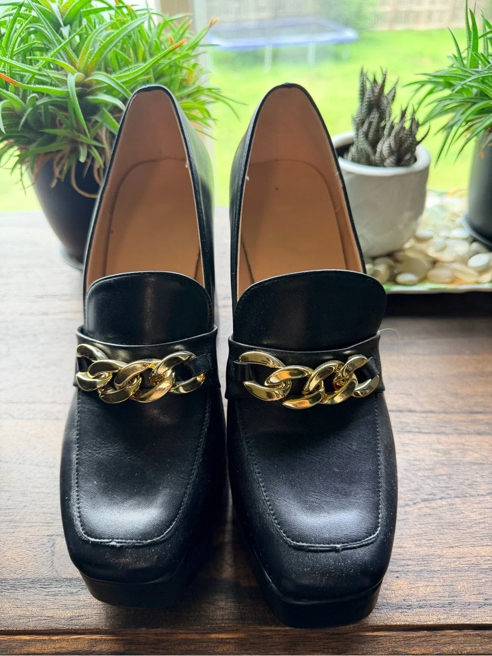 Black Platform Block Heel Loafers with Gold Chain Accent
